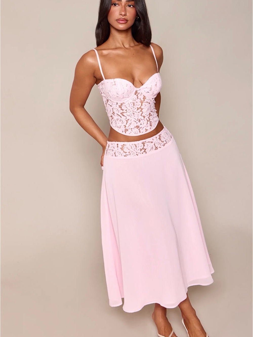 Women's Pink Lace-Trim Midi Skirt SET PLT